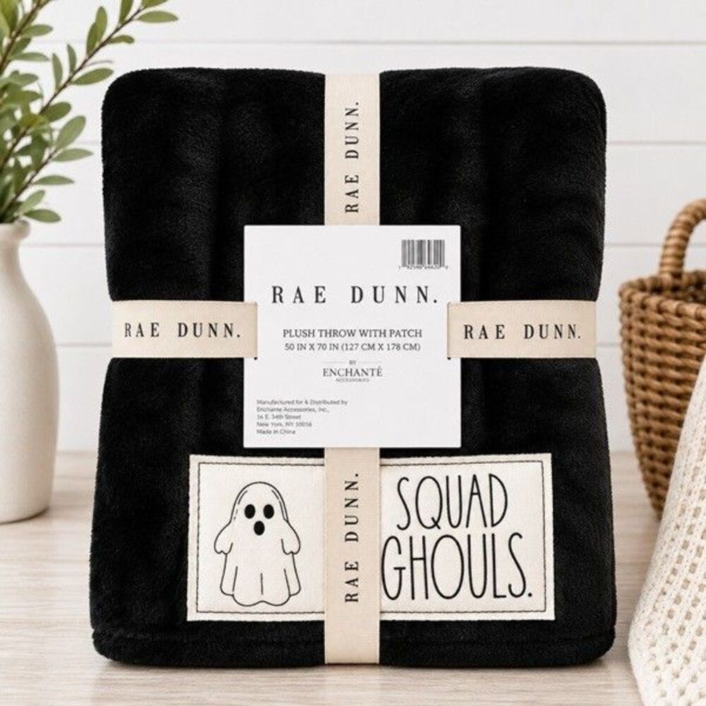 NWT Rae Dunn Squad Ghouls Halloween Ghost Patch 50x70 Plush Throw Blanket
